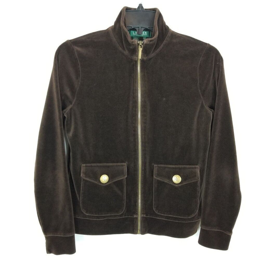 Lauren Ralph Lauren Zip Velvet‎ Jacket Brown Pockets Womens Size XS